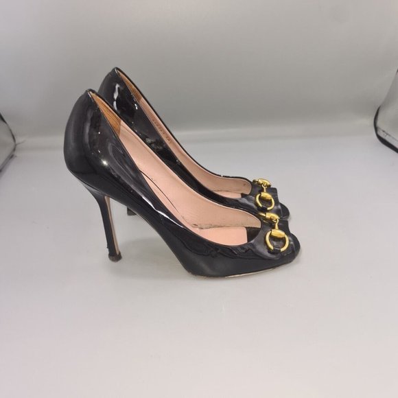 GUCCI Horsebit Heels Size UK 5.5 EU 38.5 Black Patent Leather Peep-Toe Stiletto - Picture 4 of 12